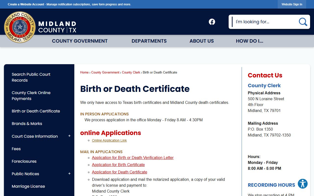 Midland County genealogy records - County Clerk